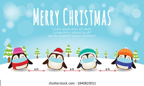 Merry Christmas for new normal lifestyle concept and social distancing, cute of penguin with surgical mask protect coronavirus covid-19 in snow scene winter banner, Xmas holiday party concept vector 