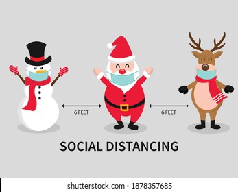 Merry Christmas for new normal and social distancing. Santa, snowman, and reindeer wear masks. vector illustration in flat cartoon style.