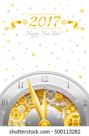 Merry Christmas and New year 2017 flyer. Greeting card design with clockwork, cogwheel, minute, hour hand, vintage clock element on white background. Gold silver icon, text lettering, golden stars sky