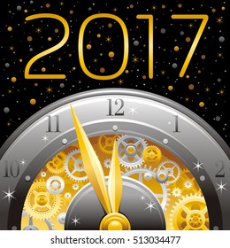 Merry Christmas and New year 2017 square banner. Greeting card design with clockwork, cogwheel, minute, hour hand, vintage clock element on black background. Gold silver icon, text letter, gold stars