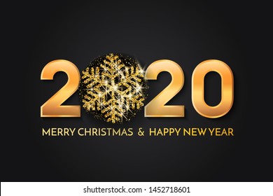 Merry Christmas and New Year 2020 greeting card. 2020 golden New Year sign with golden snowflake and glitter on black background. Vector illustration of happy new year 2020. 