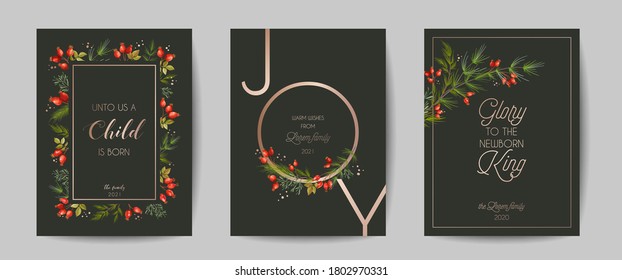 Merry Christmas and New Year 2021 Luxury Cards with Pine Branches, Holy Berry, Mistletoe, Winter floral plants design illustration, greetings, invitation 2020, flyer, brochure, cover in vector