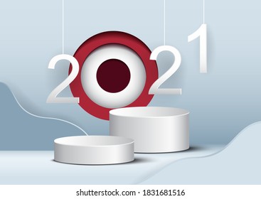 Merry Christmas and New Year 2021 design. Round pedestal for display, Platform for design.

