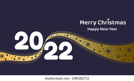 Merry Christmas and New Year 2022. Greeting card or banner with golden ribbon decorated with snowflakes. Flat vector illustration