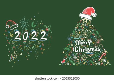 Merry Christmas and new Year 2022 Card Design. Hand Drawn Doodle Style New Year and Christmas Decorations Colorful Abstract. Vector Greeting Card Template. Colorful Neon Holiday Attractive Texture. 