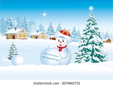 Merry Christmas and New Year 2022 greeting card with Christmas tree and cheerful snowman on winter landscape with snowy fir trees and cozy houses. Happy Holidays.