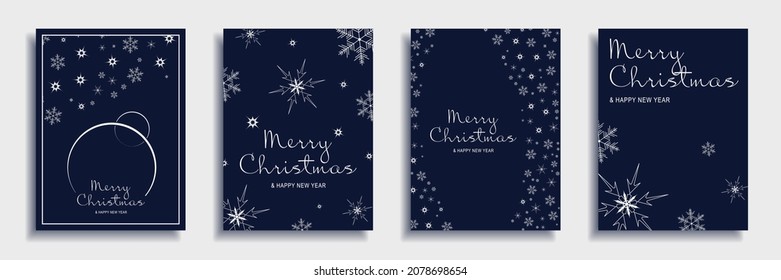 Merry Christmas and New Year 2022 brochure covers set. Xmas minimal banner design with white snowflakes patterns and text on blue backgrounds. Vector illustration for flyer, poster or greeting card