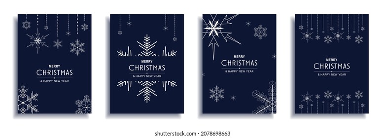 Merry Christmas and New Year 2022 brochure covers set. Xmas minimal banner design with white snowflakes decorative borders on blue backgrounds. Vector illustration for flyer, poster or greeting card