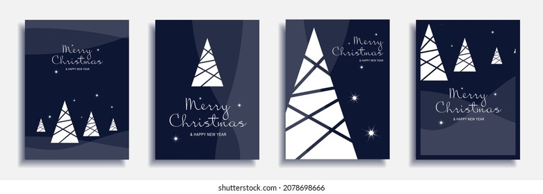 Merry Christmas and New Year 2022 brochure covers set. Xmas minimal banner design with white geometric trees and stars at blue background. Vector illustration for flyer, poster or greeting card