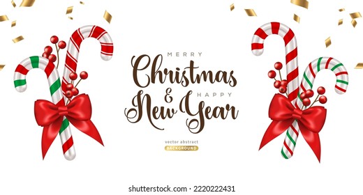 Merry Christmas New Year 2023 poster banner with candycane, ribbon bow and holly, gold confetti. Vector illustration. Brochure voucher cover and Xmas gift card concept template