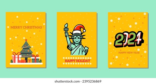 Merry Christmas and New Year 2024 Greeting Card with the Statue of Liberty, The card is decorated with a variety of festive elements, including snowflakes, Christmas trees, and holly leaves 