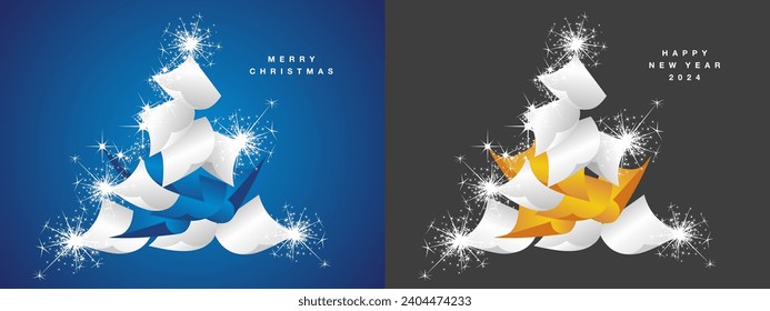 Merry Christmas and New Year 2024. Color greeting card design template. Paper sheets full of wishes, hope and expectations in shape of Christmas tree