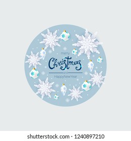 merry Christmas and new year, 3D snowflakes and Christmas toys, vector