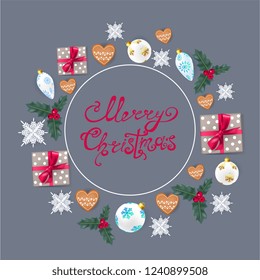 merry Christmas and new year, 3D snowflakes and Christmas toys, gifts, vector