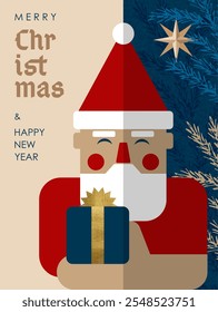 Feliz Natal e Ano Novo! Ilustração moderna abstrata para o design do cartaz, cartões, capas. Santa Klaus com um presente na mão, ramos de abeto, estrela.