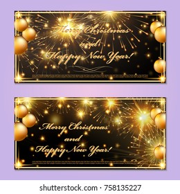 Merry Christmas and a new year against the backdrop of fireworks. New Year's greetings with the balls in the frame.