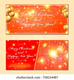 Merry Christmas and a new year against the backdrop of fireworks. New Year's greetings with the balls in the frame.