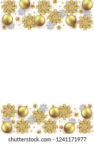Merry Christmas New Year background design, decorative baubles and glitter snowflakes frame, vector illustration