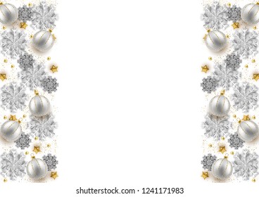 Merry Christmas New Year background design, decorative baubles and glitter snowflakes frame, vector illustration