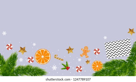 Merry Christmas and New Year background with fir branches, stars, candy, tangerine and gingerbread cookies on white background.  Vector Illustration