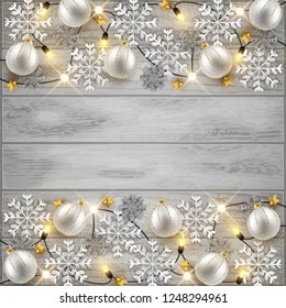 Merry Christmas New Year background design, decorative baubles and glitter snowflakes frame, vector illustration