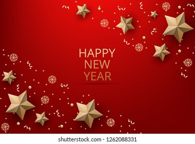 Merry Christmas and New Year Background with gold stars,  red background. Holiday's Background. Vector. Holiday postcard