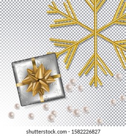 Merry Christmas and New Year background with realistic gift surprise, big snowflake, pearl beads. Festive template for social networks, social media story, greeting card, web poster, headers