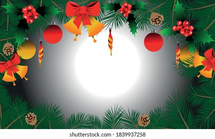 Merry Christmas & New Year background. Christmas toys on Christmas tree branches.