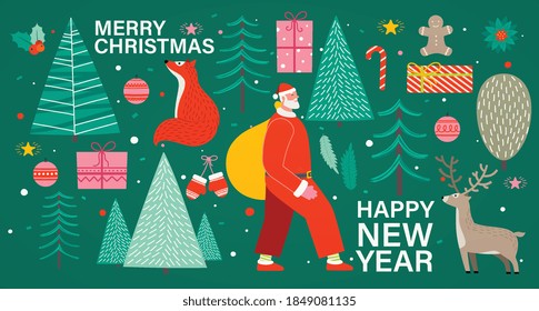 Merry Christmas and New Year background with festive objects Santa Claus, christmas trees, pine, deer, fox, gift boxes, red candy cane, cookies. Bright abstract composition with winter holidays.