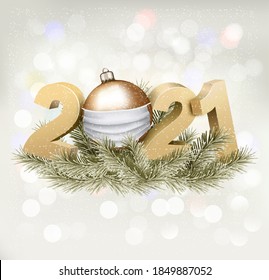 Merry Christmas and New Year Background with 2021 and gold ball with a white protective face mask. Face mask for covid-19 coronavirus. Vector