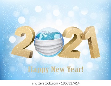 Merry Christmas and New Year Background. 2021 and globe with a white protective face mask. Face mask for covid-19 coronavirus. Vector