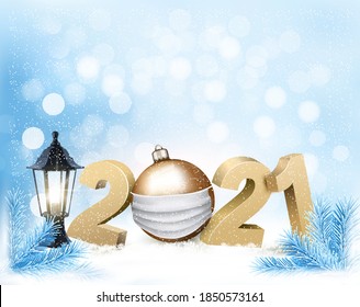 Merry Christmas and New Year Background with 2021 and gold ball with a white protective face mask. Face mask for covid-19 coronavirus. Vector