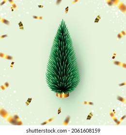 Merry Christmas and New Year background. Realistic 3d cone tree and gold confetti. Creative holiday design. Xmas winter composition. Banner and web poster. Vector illustration