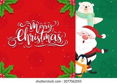 Merry Christmas and New Year background banner. Santa, bear and penguin with ornament. Santa claus present the gifts box. Snow fall in a scenery. Artwork for Greeting card, banner, poster and website