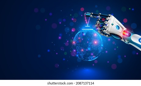 Merry Christmas and New Year Background in modern technology style. Christmas decoration in cyborg arm. Robot hand decoration christmas tree. AI or artificial intelligence greets the new year. Banner