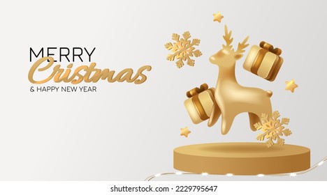 Merry Christmas and New Year background. Xmas gold tree and gold Deer, golden gifts box and snowflake. Realistic 3d decorative design objects.