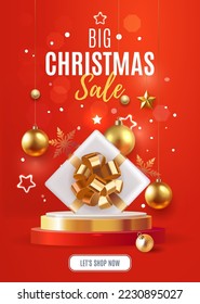 Merry Christmas and New Year background. Xmas gift box standing on podium.  Golden Glass  Balls hanging on ribbon. Red Winter holiday composition. Greeting card, banner, poster

