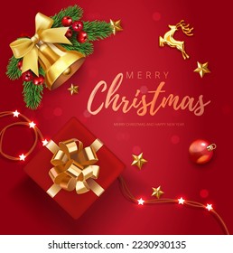 Merry Christmas and New Year background. Xmas gift box with lights and jingle bells.  Golden Glass  Balls hanging on ribbon. Red Winter holiday composition. Greeting card, banner, poster