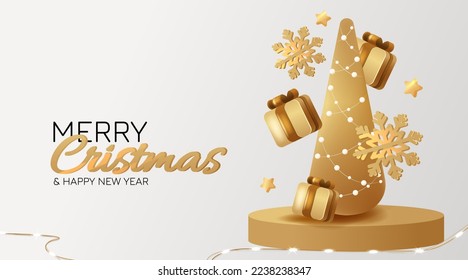 Merry Christmas and New Year background. Xmas gold tree. Golden gifts box and snowflake. Realistic 3d decorative design objects.