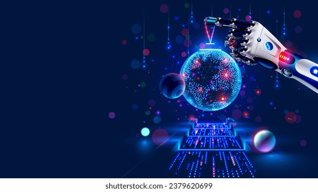 Merry Christmas and New Year Background in modern technology style. Christmas decoration in cyborg arm. Robot hand decoration christmas tree. AI or artificial intelligence greets the new year. Banner