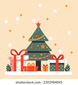 Feliz Navidad y antecedentes de Año Nuevo. Diseño de piso de Navidad realista Pile de cajas de regalo coloridas, cajas de regalo, decoraciones navideñas, árboles de Navidad. Banner de vacaciones, afiche, tarjeta de saludo. Vector 
