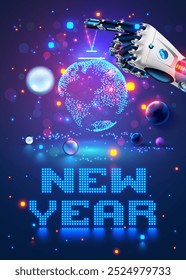 Merry Christmas and New Year Background in modern technology style. Christmas decoration in cyborg arm. Robot hand decoration christmas tree. AI or artificial intelligence greets the new year. Banner