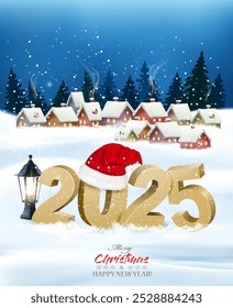 Merry Christmas and New Year Background with 2025 in santa hat and winter village. Vector 