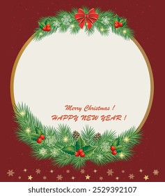 Merry Christmas. New Year background with festive decor of fir branches with cones, rowan berries, snowflakes. Place for your text and photo. Christmas frame. Vector illustration.