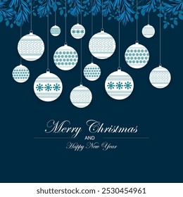 Merry Christmas and new year background with Hanging Christmas ornaments on branches