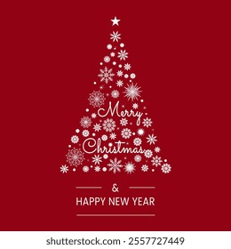 Merry Christmas and New Year background. Christmas tree with snowflakes. Minimalist Christmas banner template with abstract Christmas tree on red background
