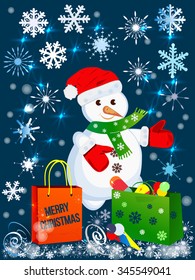 Merry Christmas and New Year background with snowflakes and snowman . Can be use as banner or poster.Vector illustration.