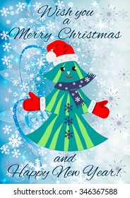 Merry Christmas and New Year background with snowflakes and spruce . Can be use as banner or poster.Vector illustration.