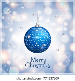 Merry Christmas and New Year background with bokeh lights. Xmas ball hanging on ribbon with pearls. Vector illustration.