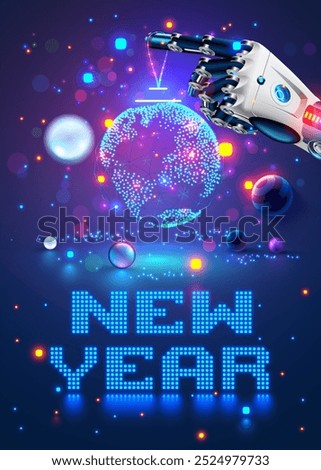 Merry Christmas and New Year Background in modern technology style. Christmas decoration in cyborg arm. Robot hand decoration christmas tree. AI or artificial intelligence greets the new year. Banner